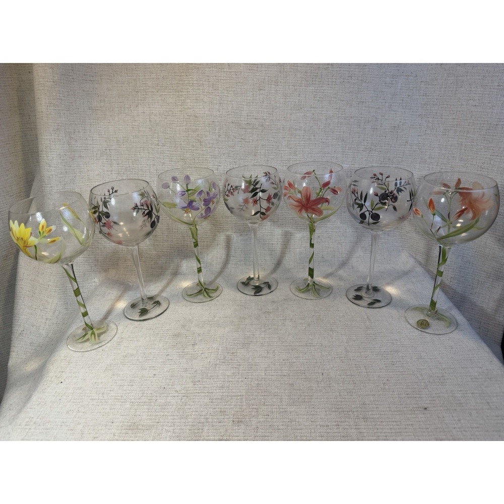 Block Crystal Hand Painted Floral Wine Glasses Set of 7 Mouth Blown